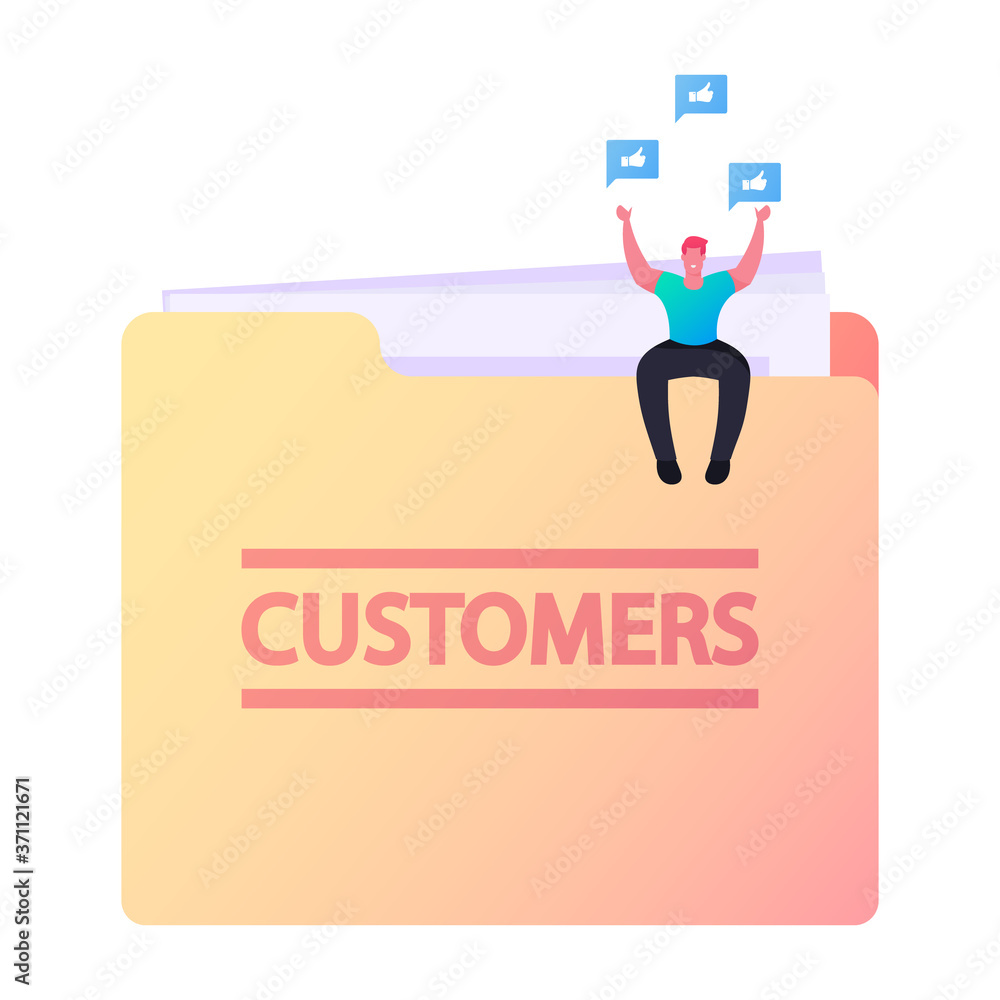 Poster tiny character sit on huge folder with customers base and icons of thumb up around. database of clie