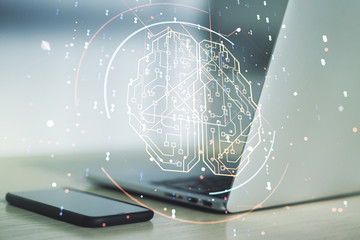 Double exposure of creative human brain microcircuit with computer on background. Future technology...