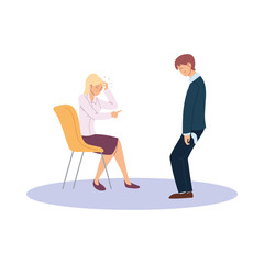 Businessman and businesswoman cartoons with headache on chair vector design