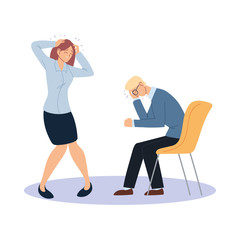 Businessman and businesswoman cartoons with headache on chair vector design