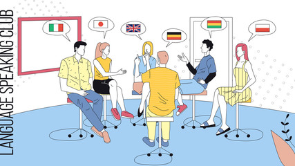 Language Speaking Club Concept Illustration, Flat Style. Linear Vector Composition Of People Communicating, Learning, Discussing. Male And Female Characters Sitting In Front Of Each Other In Class