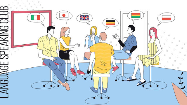 Language Speaking Club Concept Illustration, Flat Style. Linear Vector Composition Of People Communicating, Learning, Discussing. Male And Female Characters Sitting In Front Of Each Other In Class