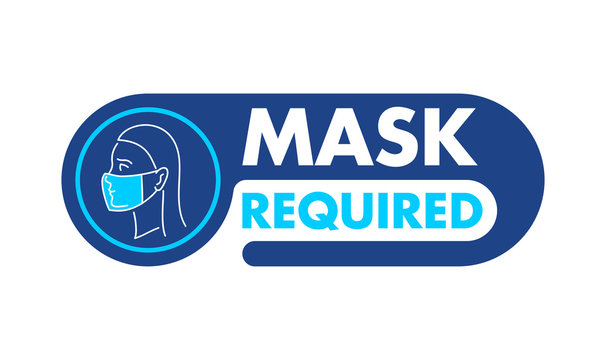 Mask required warning prevention sign - woman profile silhouette with face mask in rounded rectangular frame - isolated vector information picture