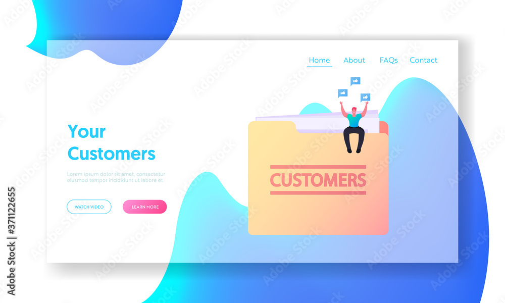 Poster clients database landing page template. tiny male character sitting on huge folder with customers ba