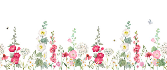 Beautiful horizontal seamless floral pattern with watercolor summer mallow flowers. Stock illustration.