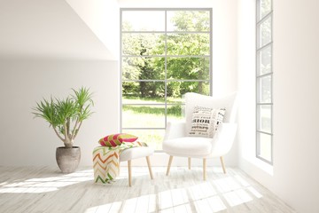 Fototapeta na wymiar Idea of white stylish minimalist room with armchair and summer landscape in window. Scandinavian interior design. 3D illustration