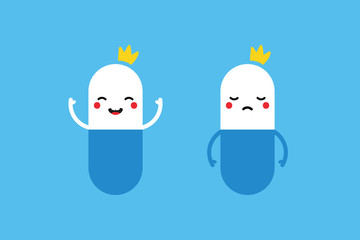 Couple of cute vector cartoon pill characters in crowns, one happy and smiling, another sad and feel down.
