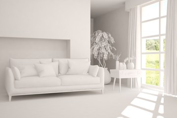 Stylish room in white color with sofa and green landscape in window. Scandinavian interior design. 3D illustration