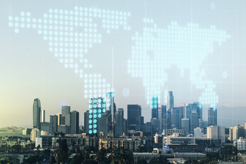 Multi exposure of abstract creative digital world map hologram on Los Angeles skyscrapers background, research and analytics concept