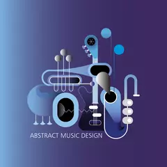 Gordijnen Blauwe kleur tinten muziek conceptontwerp. Vectorillustratie met gitaar, saxofoon en trompetten. ©  danjazzia