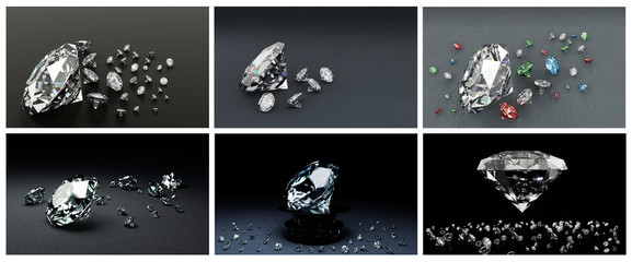 3D Rendering  set of many size diamonds on dark gray  surface