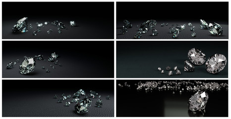 3D Rendering  set of many size diamonds on dark gray  surface