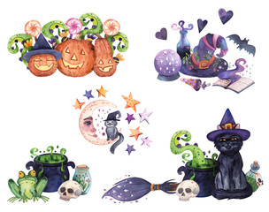 Naklejka premium Set of hand-drawn watercolor Halloween compositions. Witch's tools, creepy pumpkins, black cat and potions for Halloween decoration stickers, packaging and interior designs, cards, posters, etc.