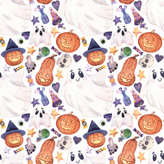 Obraz na płótnie Canvas Bright hand-drawn seamless Halloween pattern. Creepy watercolor background with creepy pumpkins, ghosts, skulls and sweets for wrapping paper, fabrics, packaging and postcard designs, parties, covers.