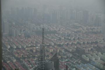 View to Shanghai buildings from the top of the 88th Floor of the Shanghai Observation Deck
