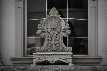 Ancient style statue of the head of the lion with bocca de la verita replica situated at Five Ancient Streets in Tianjin