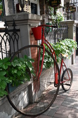 Old fashioned decorative bicycle with big front wheel standing next to a cafe