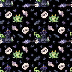 Dark hand-drawn Halloween seamless pattern. Mystical watercolor background with black cat, broomstick, skulls, toad and toadstools for wrapping paper, fabrics, packaging and postcard designs, parties