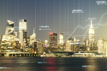 Multi exposure of abstract statistics data hologram interface on Manhattan office buildings background, computing and analytics concept
