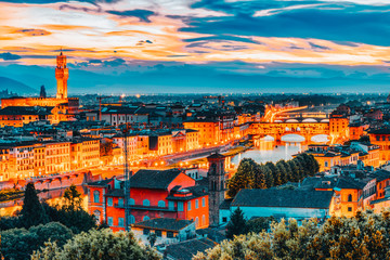 Fototapeta na wymiar Beautiful landscape above, panorama on historical view of the Florence from Piazzale Michelangelo point. Night time.Italy.
