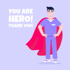 Young male nurse hospital medical employee with hero cape behind fights against diseases and viruses on frontline flat style vector illustration. Future doctor or surgeon medical clinic staff new hero
