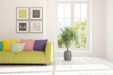 Idea of white room with colorful sofa and summer landscape in window. Scandinavian interior design. 3D illustration