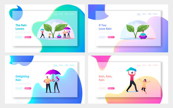 Wet Rainy Weather Landing Page Template Set. Tiny Characters with Umbrellas Hiding from Rain under Huge Plant