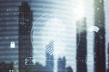 Multi exposure of virtual creative fingerprint hologram on modern skyscrapers background, personal biometric data concept