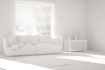 Stylish minimalist room with sofa in white color. Scandinavian interior design. 3D illustration