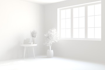 White minimalist empty room. Scandinavian interior design. 3D illustration