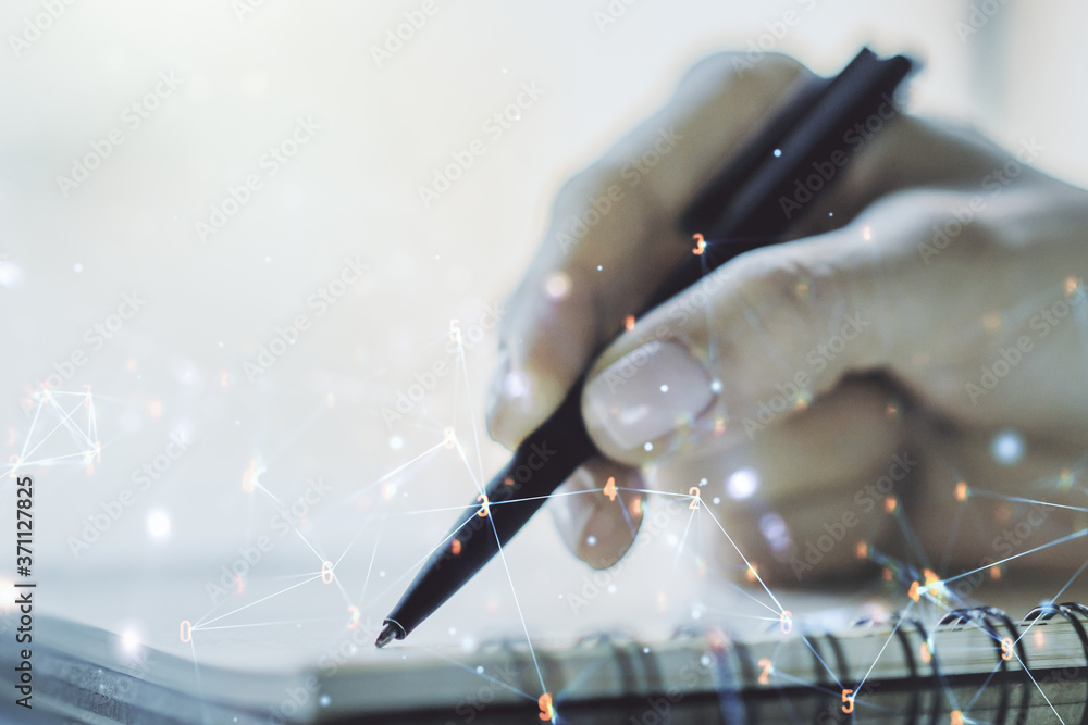 Aufkleber double exposure of technology hologram and woman hand writing in notebook on background. research an