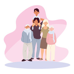 Mother father and son with grandparents cartoons vector design