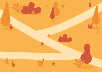 Autumn park flat color vector illustration. Fall nature. Public recreation area with orange shrubs and paths. Environment. Autumn pathways 2D cartoon landscape with trees on background