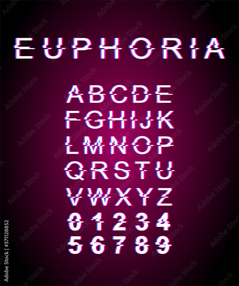 Poster euphoria glitch font template. retro futuristic style vector alphabet set on violet background. capi