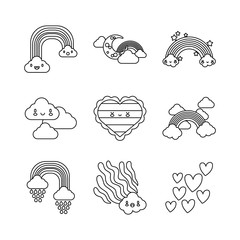bundle of nine rainbows and kawaii characters icons