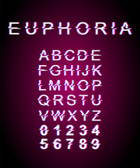 Fototapeta na wymiar Euphoria glitch font template. Retro futuristic style vector alphabet set on violet background. Capital letters, numbers and symbols. Happiness feeling typeface design with distortion effect