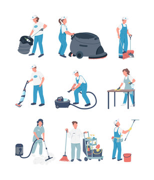 Janitors flat color vector faceless characters set. Cleaning business, housekeeping service. People with cleaning equipment isolated cartoon illustrations pack for web graphic design and animation