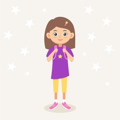 School kid cartoon vector illustration. Little cute girl with backpack. 