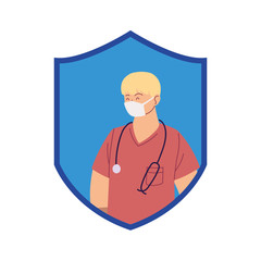 man doctor with mask and uniform in shield vector design