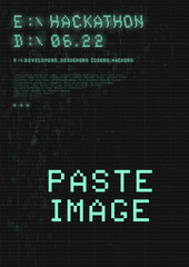 Hackathon poster. Retrowave cyberpunk style futuristic poster with 8-bit pixel glitch typography, binary code and copy space. Set of dates with numbers. Vector