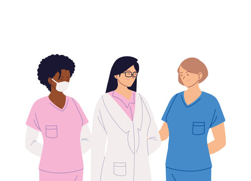 women doctors with mask and uniforms vector design
