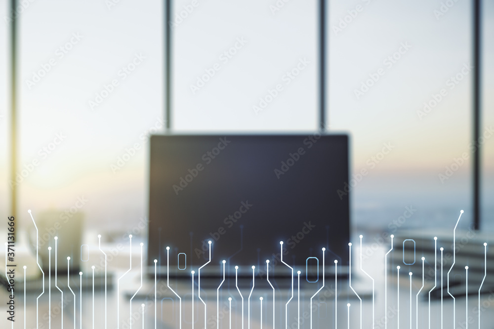 Poster creative abstract micro chip hologram on modern computer background, artificial intelligence and mac