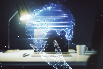 Double exposure of abstract digital world map on laptop background, research and strategy concept