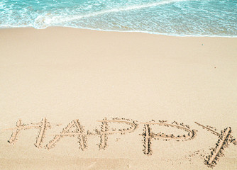 
Happy words on the beach. 
Happy handwritten words on sand