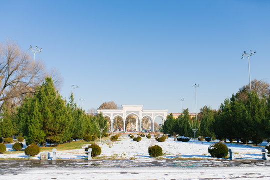 Tashkent, Uzbekistan. December 2019. Alisher Navoi national Park of Uzbekistan in winter