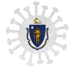 State flag of Massachusetts with corona virus or bacteria