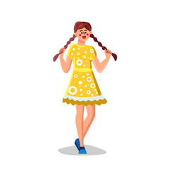 Young Woman Holding Long Pigtails Hair Vector