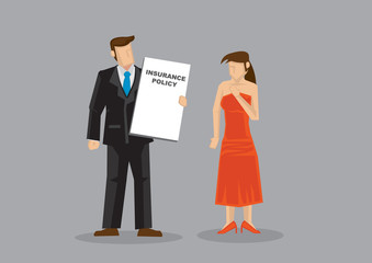 Businessman trying to sell an insurance policy to an young lady. Concept of healthcare insurance or emergency compensation.