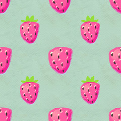 Seamless pattern with ripe strawberry. Hand drawn texture with berries watercolor background
