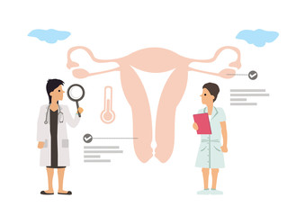 Gynecologist doctor and nurse examine female patient uterus reproductive system.